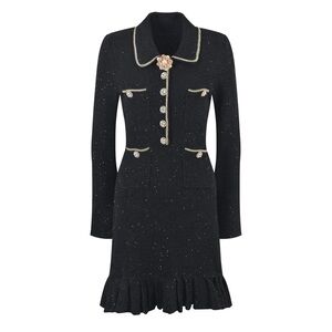 HIGH END BLACK SEQUINED PLEATED TWEED MINI DRESS